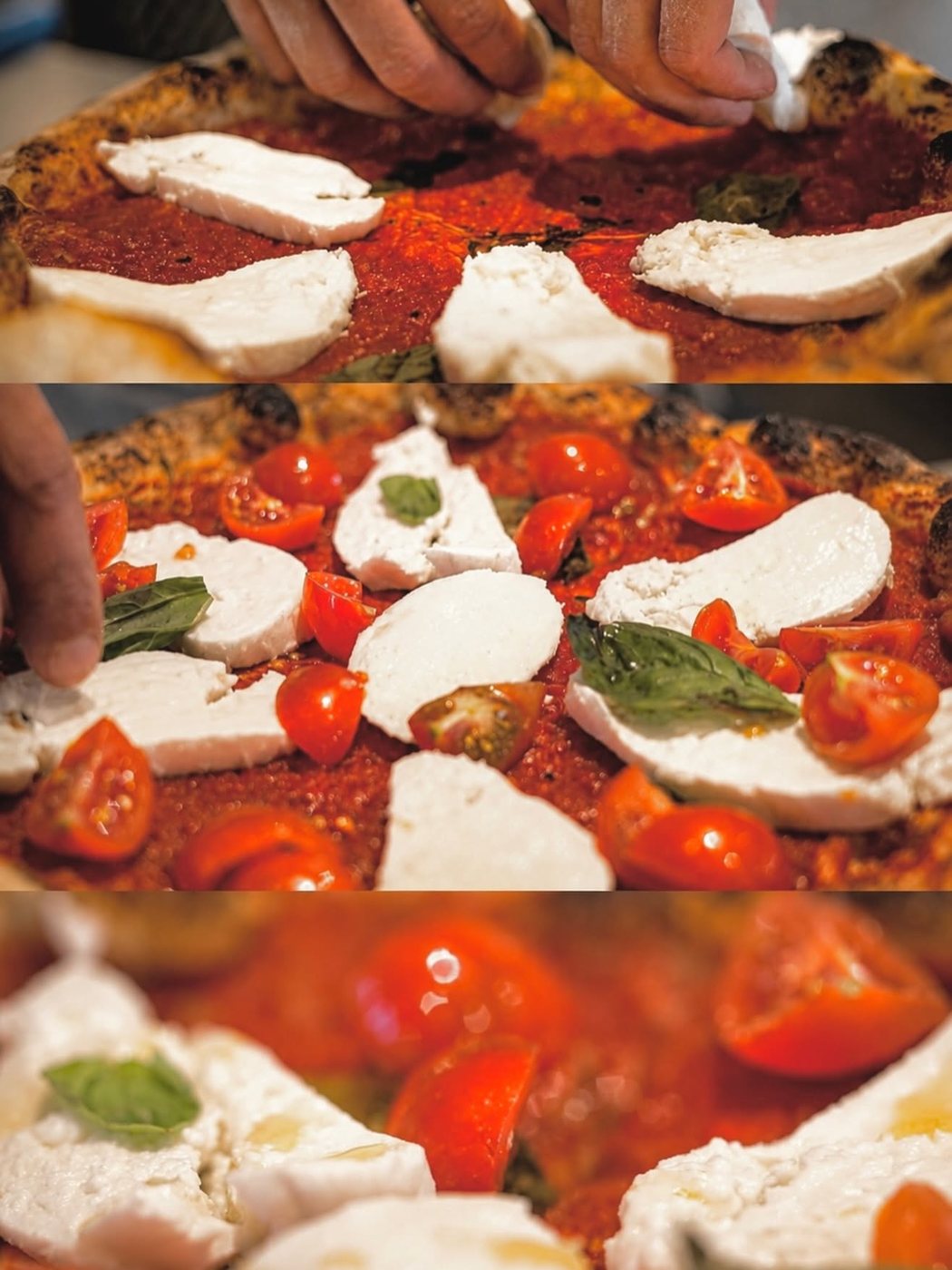 Mozzarella, cherry tomatoes and basil laid onto a margherita
