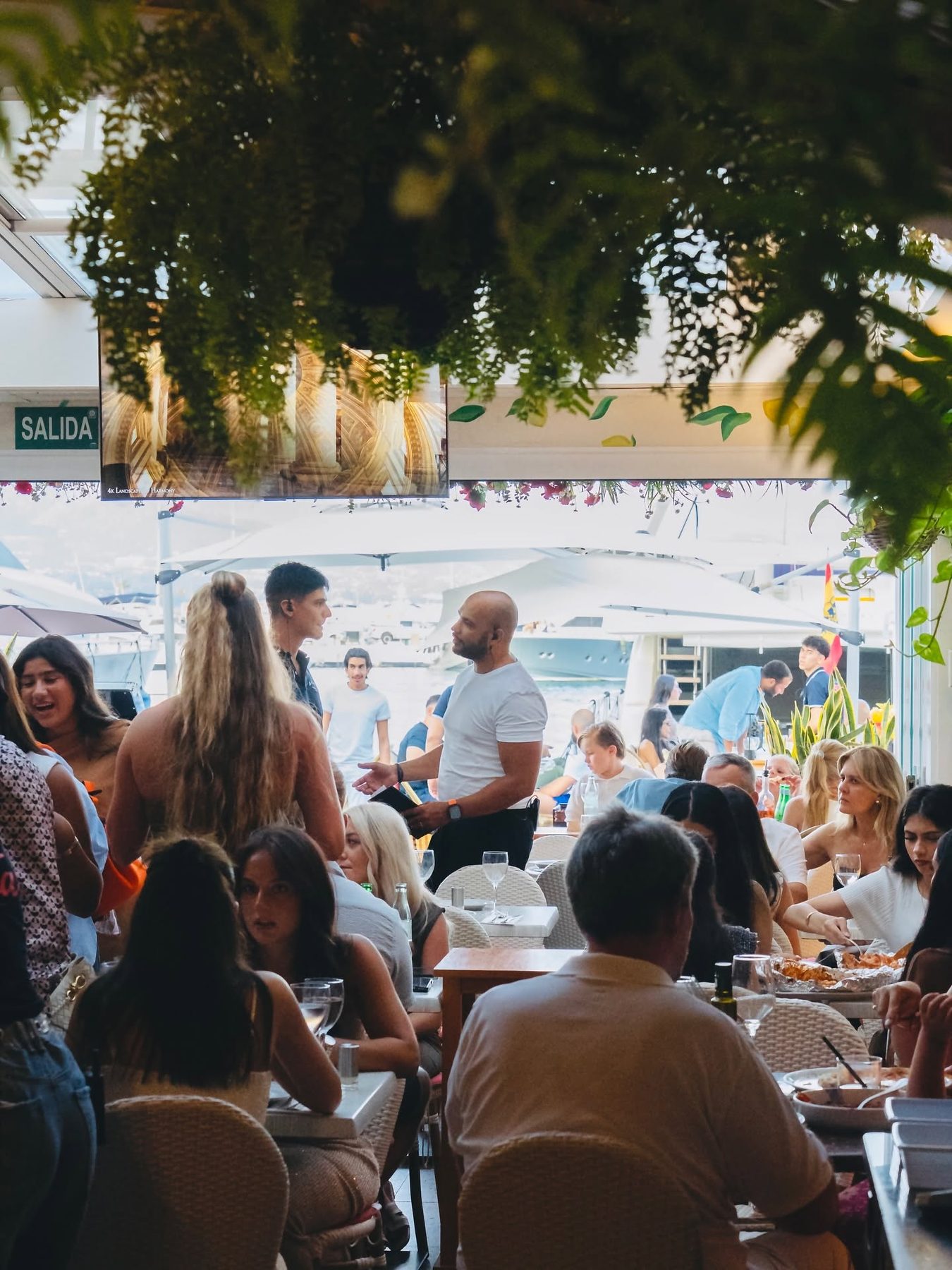 The dining room full, the marina visible through the open front